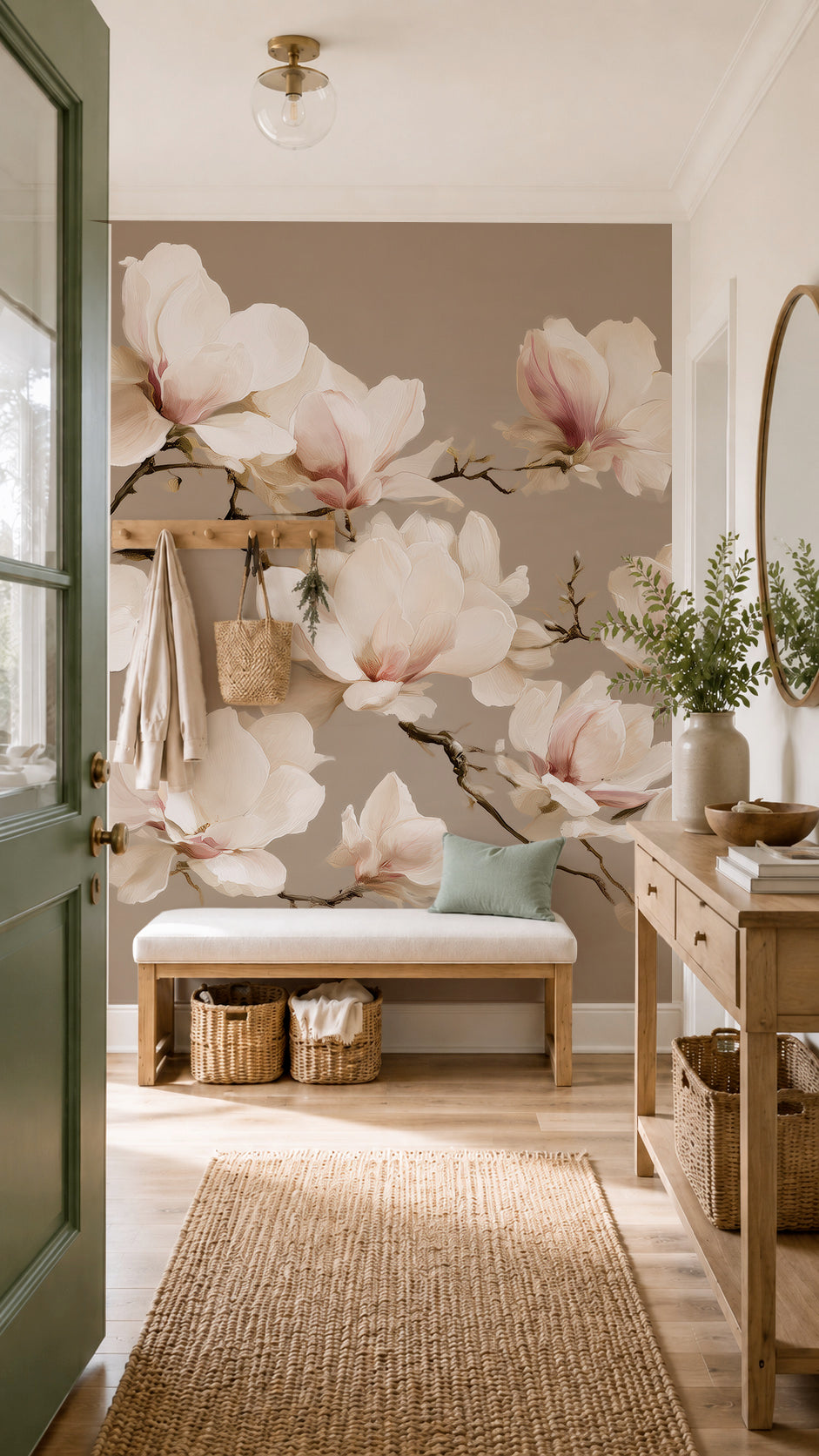 Entrée avec banc et console en bois devant un papier peint panoramique de magnolias grège