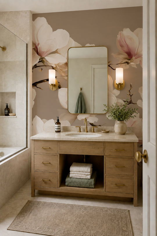 Salle de bain avec meuble vasque en bois et papier peint magnolias blancs sur fond grège