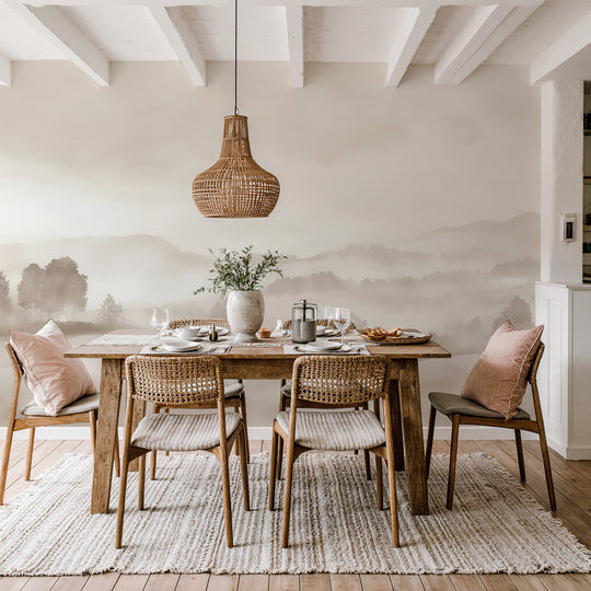 Matin calme – Papier peint paysage brumeux minimaliste et doux en beige