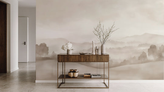 Matin calme – Papier peint paysage brumeux minimaliste et doux en beige