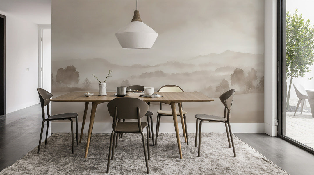 Matin calme – Papier peint paysage brumeux minimaliste et doux en beige