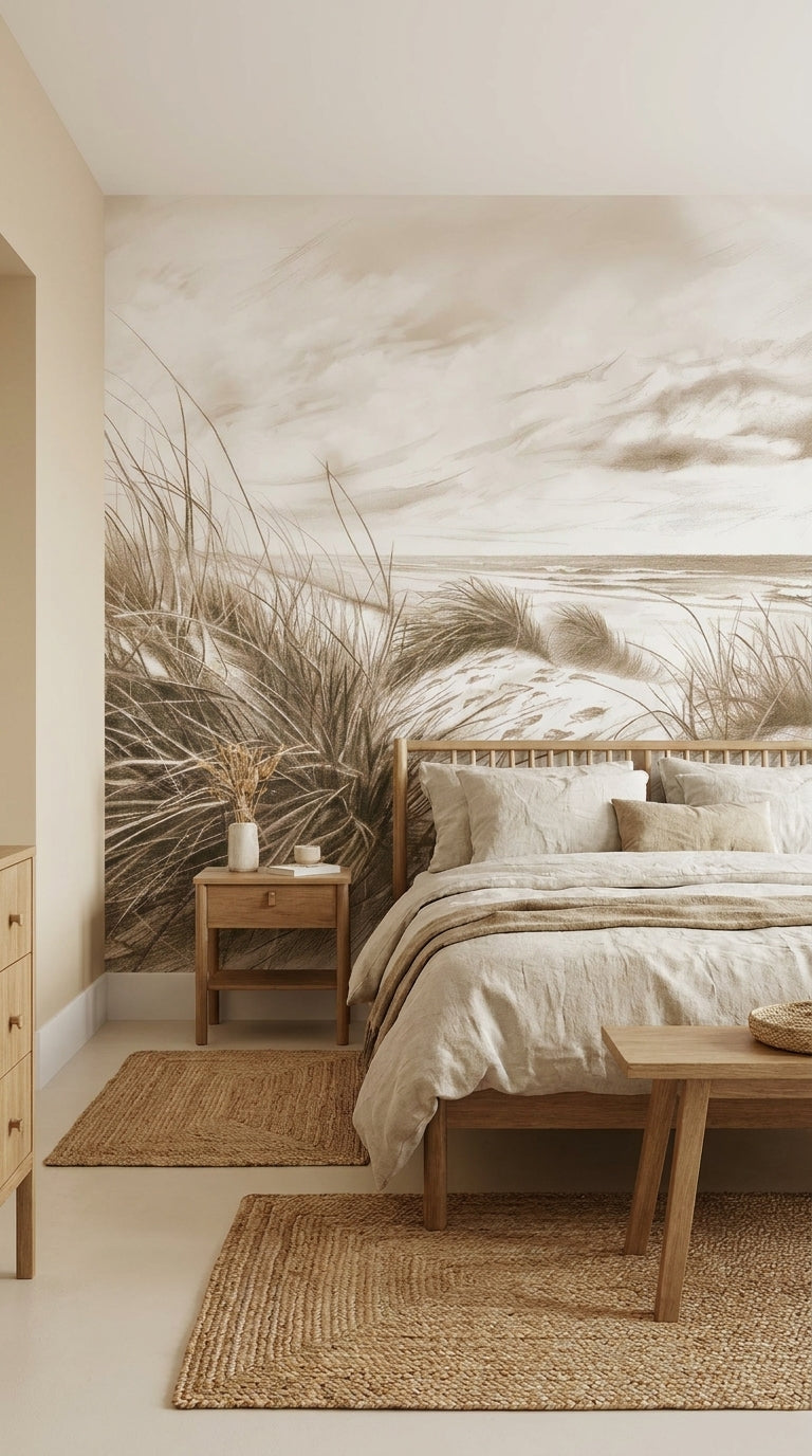Papier peint panoramique sépia représentant des dunes côtières avec des herbes fines sur fond clair