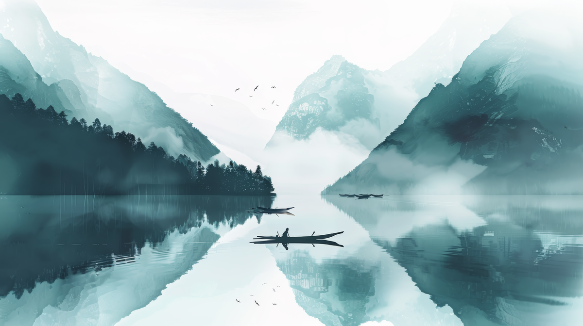 Miroir Bleu du Matin - papier peint panoramique, motif à plat