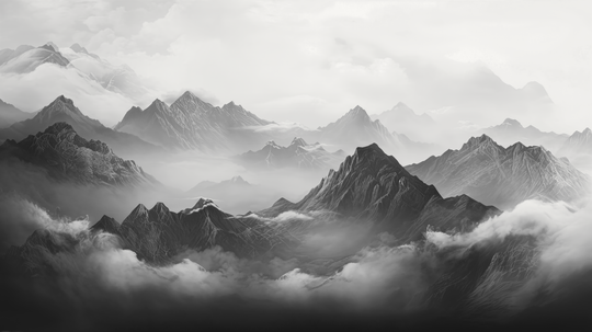 Montagnes Majestueuses en noir et blanc - papier peint panoramique, motif à plat