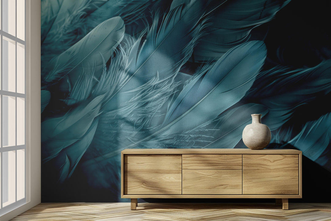 Mur de Plumes - Papier Peint Panoramique Élégant en Bleu Cendré