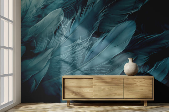 Mur de Plumes - Papier Peint Panoramique Élégant en Bleu Cendré