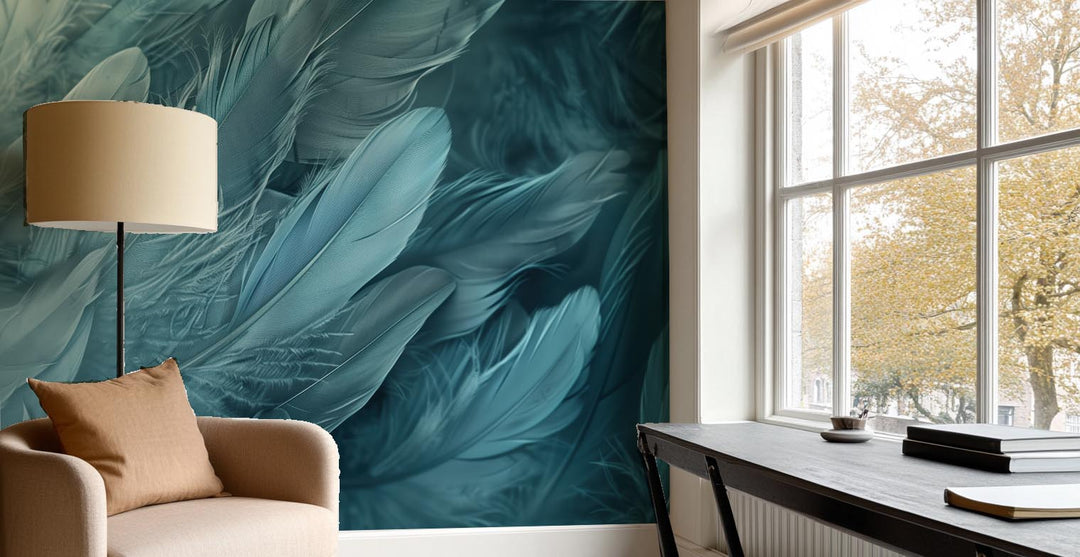 Mur de Plumes - Papier Peint Panoramique Élégant en Bleu Cendré
