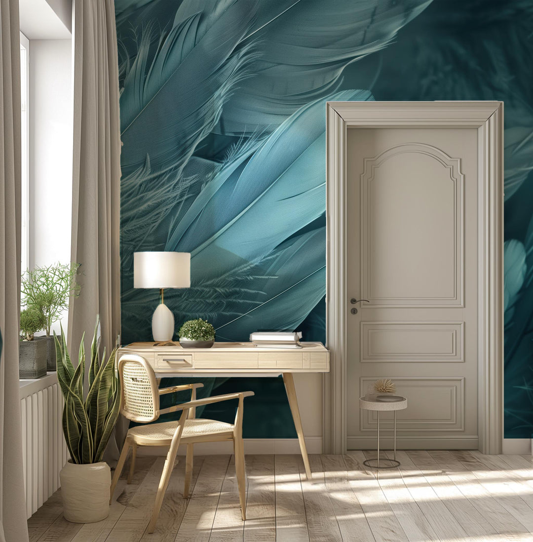 Mur de Plumes - Papier Peint Panoramique Élégant en Bleu Cendré