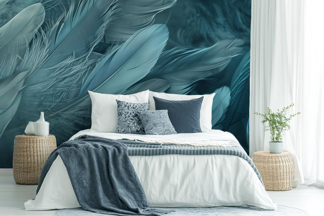 Mur de Plumes - Papier Peint Panoramique Élégant en Bleu Cendré