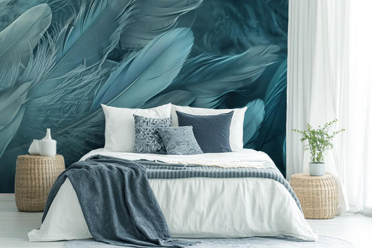 Mur de Plumes - Papier Peint Panoramique Élégant en Bleu Cendré