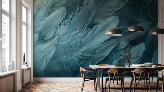 Mur de Plumes - Papier Peint Panoramique Élégant en Bleu Cendré