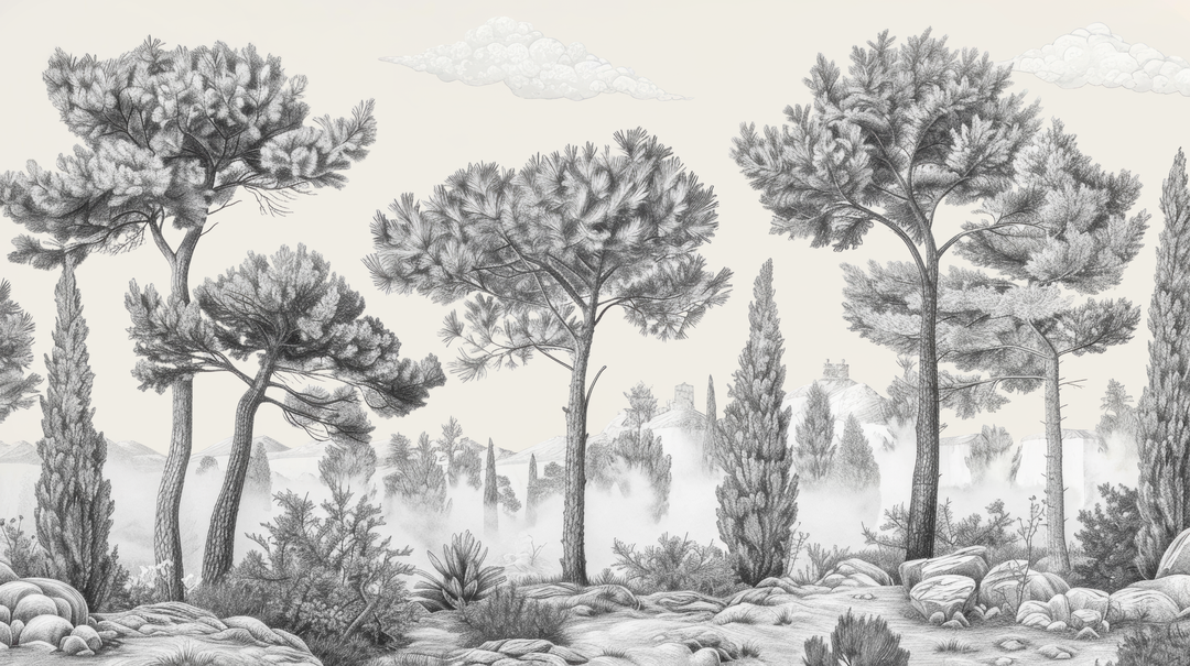 Murmure des Pins sous Brume Matinale - papier peint panoramique, motif à plat