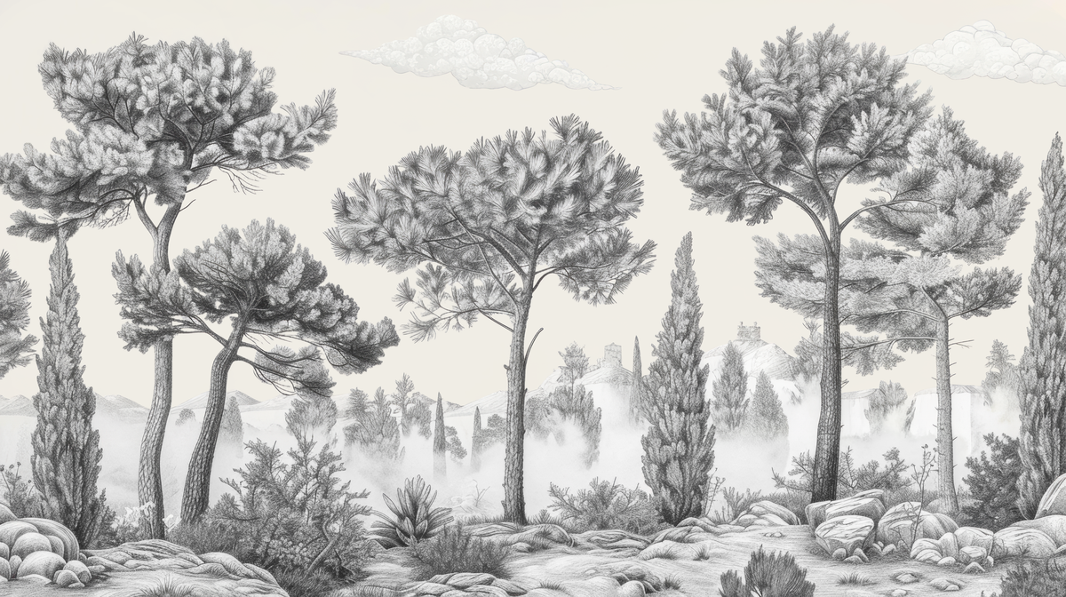 Murmure des Pins sous Brume Matinale - papier peint panoramique, motif à plat