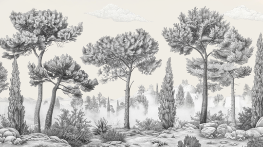 Murmure des Pins sous Brume Matinale - papier peint panoramique, motif à plat