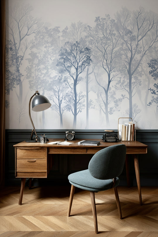 Papier peint panoramique arbres bleu clair dans un bureau