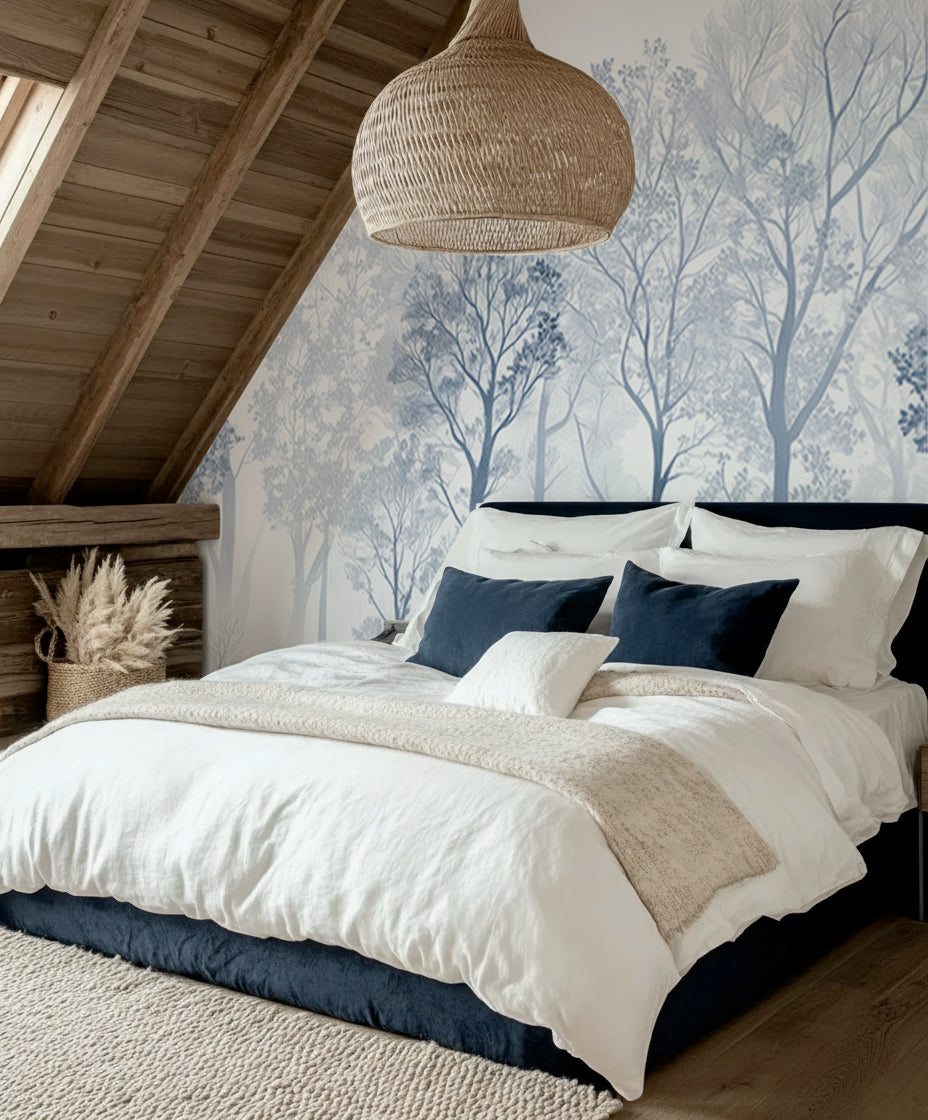 Papier peint forêt bleu clair dans une chambre sous les toits
