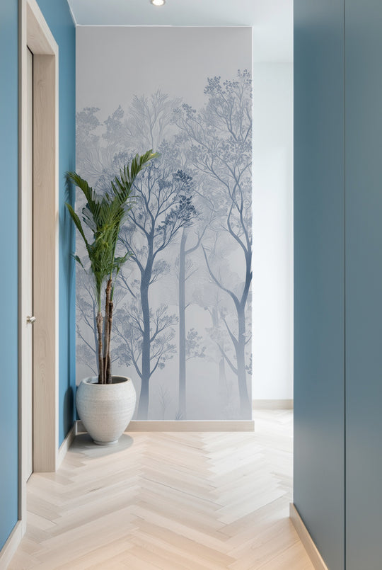 Papier peint forêt bleu clair dans un couloir
