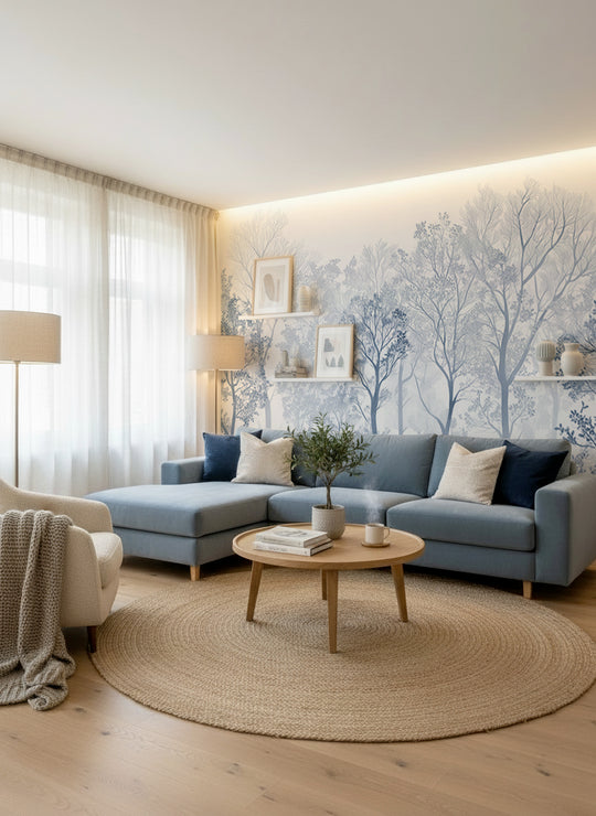 Mystère des Arbres en bleu clair dans un salon lumineux au canapé bleu gris
