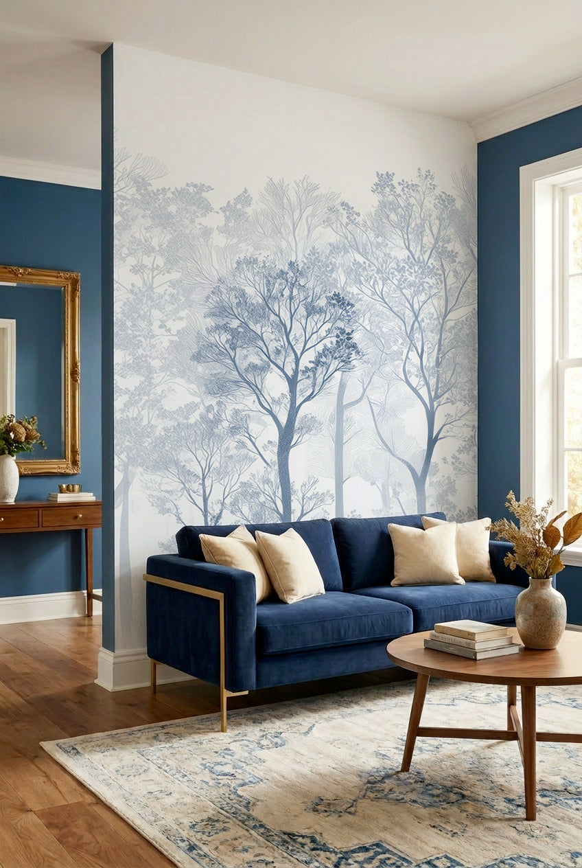 Papier peint panoramique forêt d’arbres stylisés en bleu clair dans un salon avec canapé bleu marine