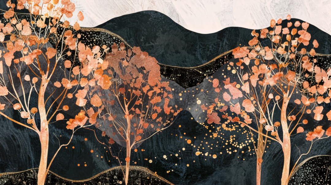 Nuit Étoilée en Forêt d'Ambre - papier peint panoramique, motif à plat