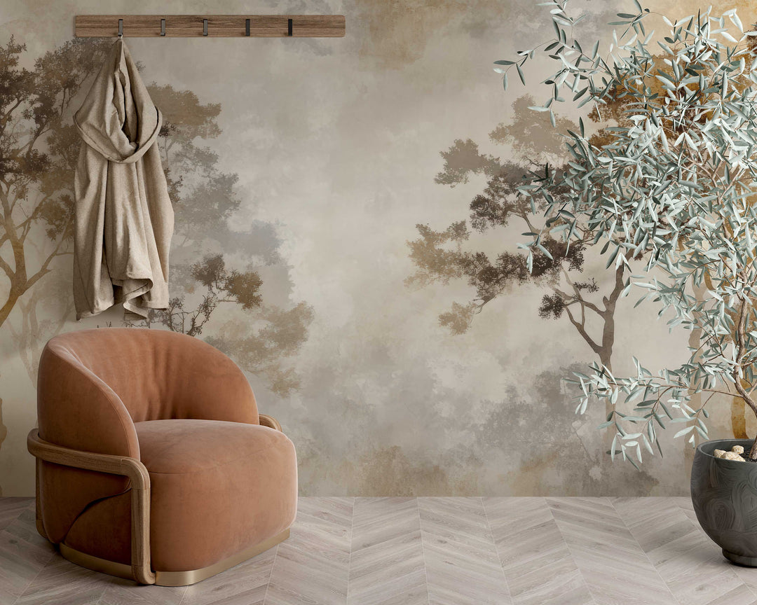 Ombres Forestières - Papier Peint Panoramique Brun Doré