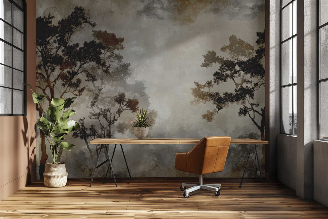 Ombres Forestières - Papier Peint Panoramique Brun Doré