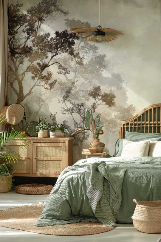 Ombres Forestières - Papier Peint Panoramique Brun Doré