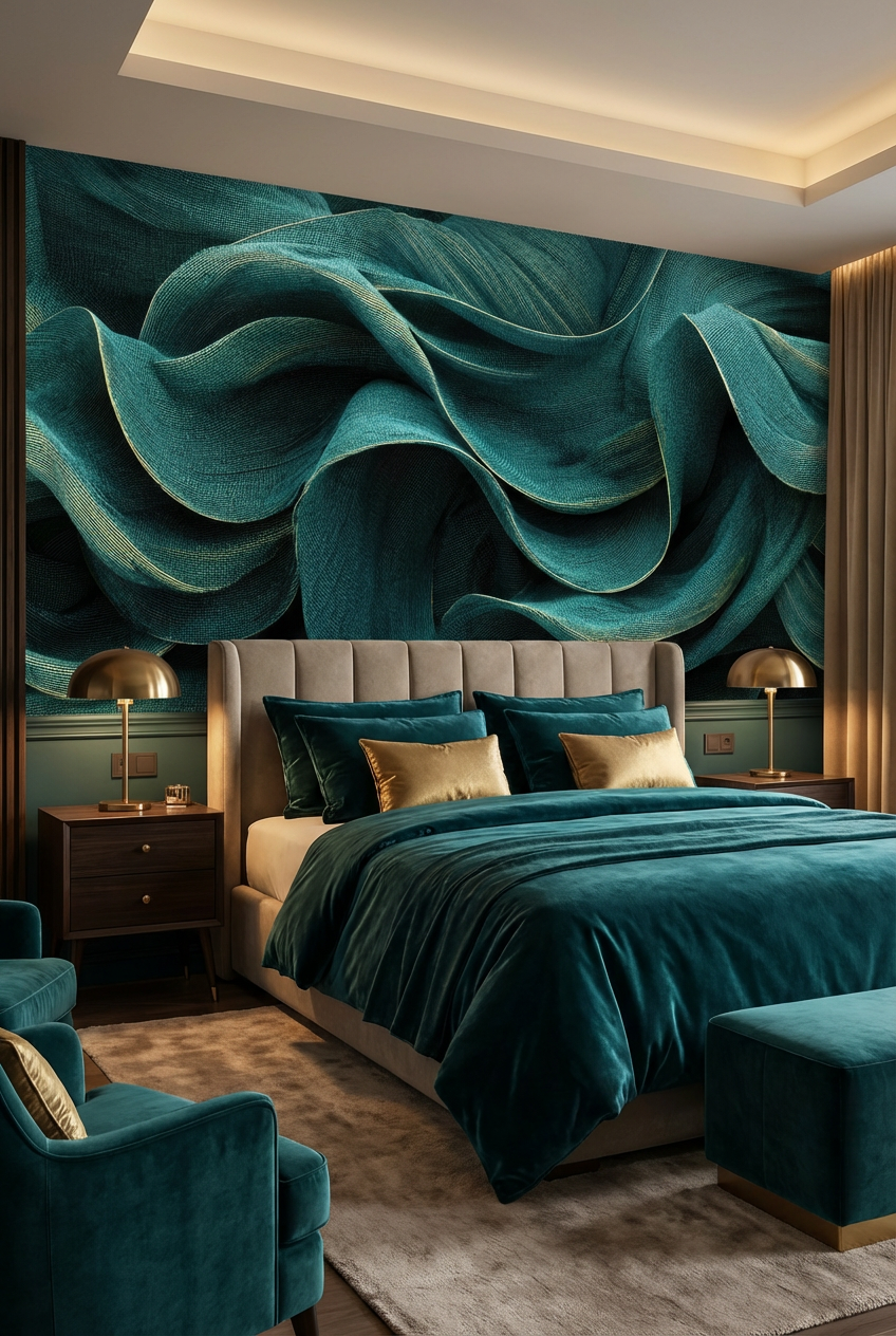 Papier peint panoramique abstrait bleu canard à ondulations fluides avec effet textile et fines lignes dorées