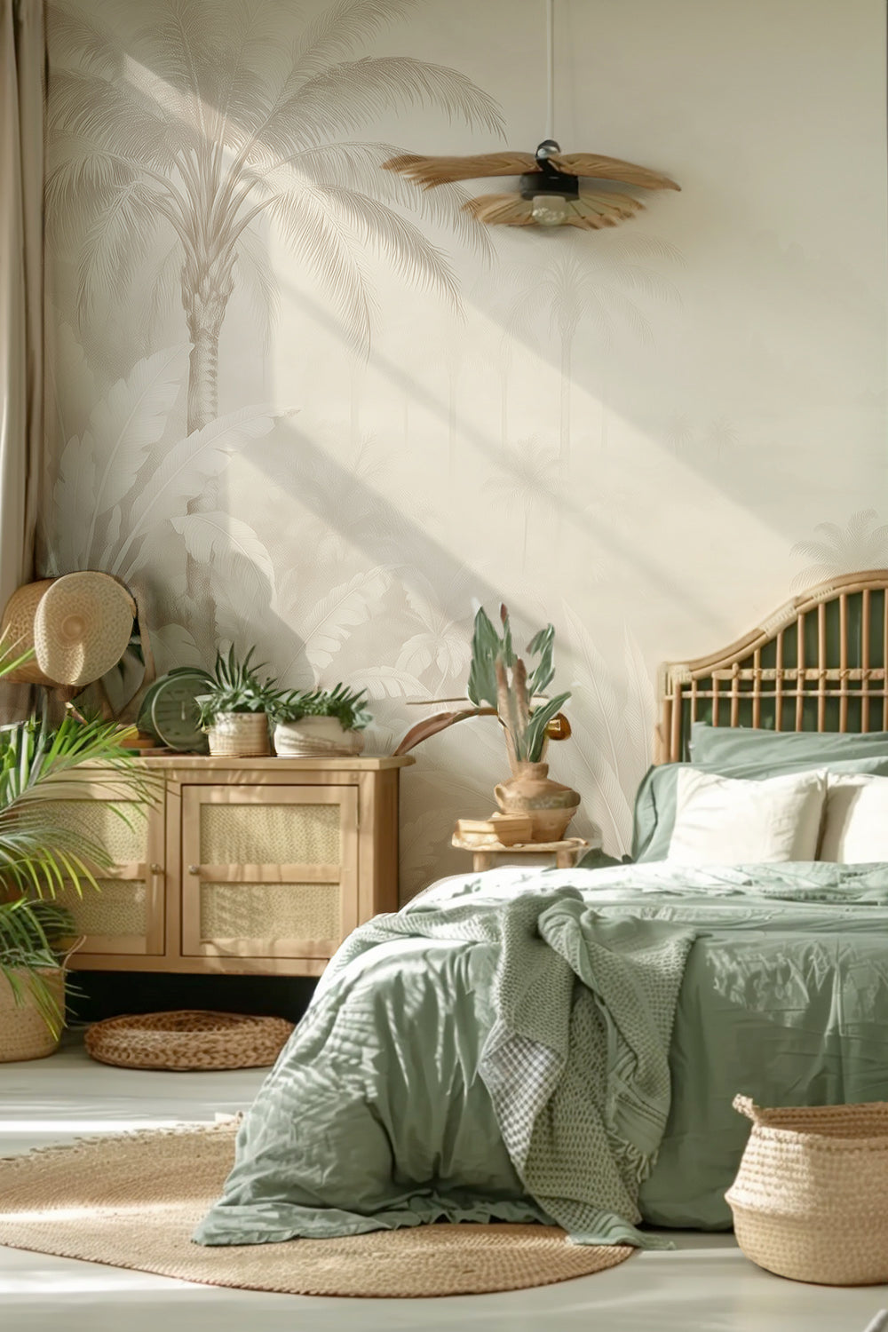 Chambre bohème en rotin et vert sauge avec papier peint palmiers beige très clair