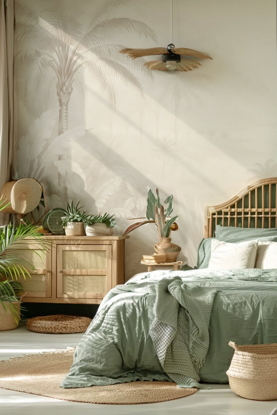 Chambre bohème en rotin et vert sauge avec papier peint palmiers beige très clair