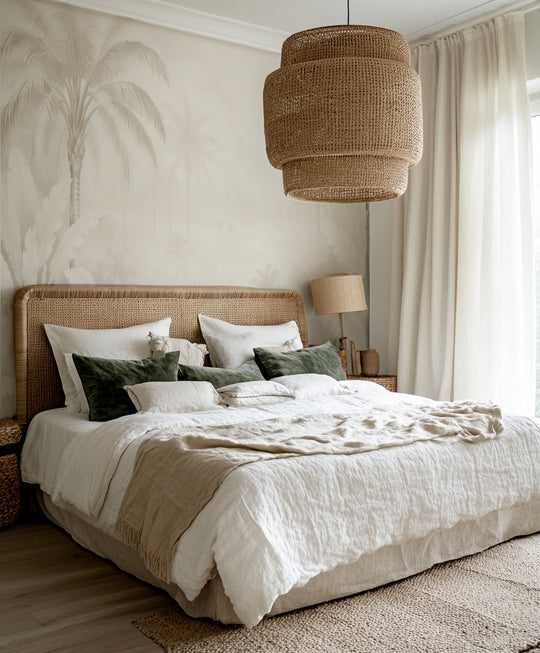 Chambre au lit en lin blanc et tête de lit cannée devant un papier peint panoramique de palmiers ivoire et beige clair