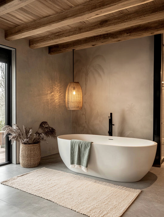 Salle de bain avec baignoire îlot et papier peint palmiers ivoire