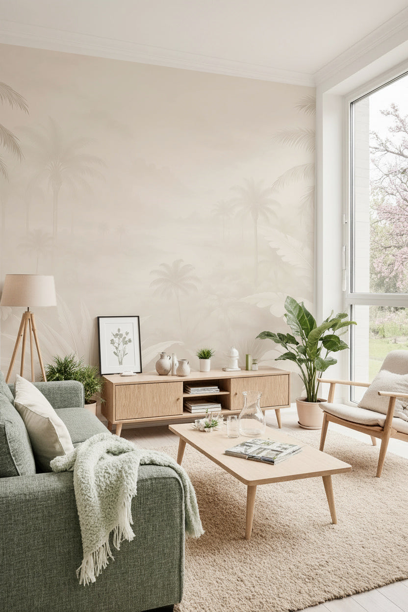 Salon scandinave lumineux avec papier peint tropical ivoire