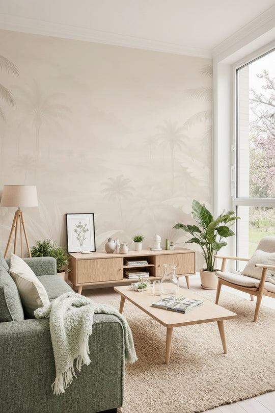 Salon scandinave lumineux avec papier peint tropical ivoire