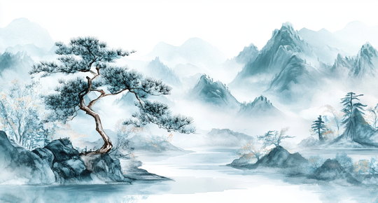 Zen Panorama: Watercolor Trees and Mountains Wallpaper