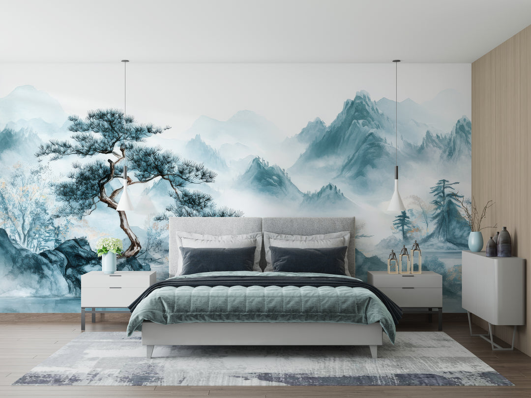 Zen Panorama: Watercolor Trees and Mountains Wallpaper