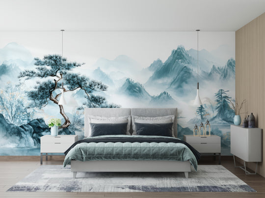 Zen Panorama: Watercolor Trees and Mountains Wallpaper