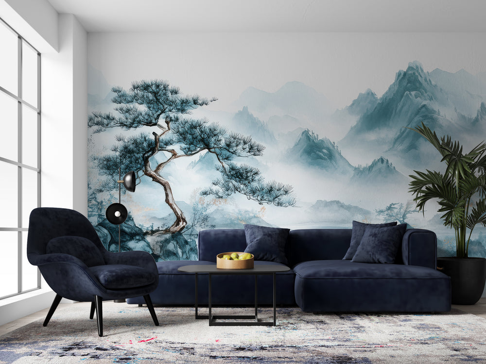 Zen Panorama: Watercolor Trees and Mountains Wallpaper