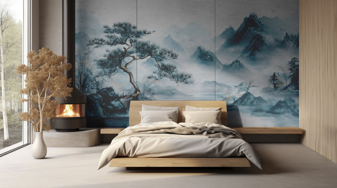 Zen Panorama: Watercolor Trees and Mountains Wallpaper