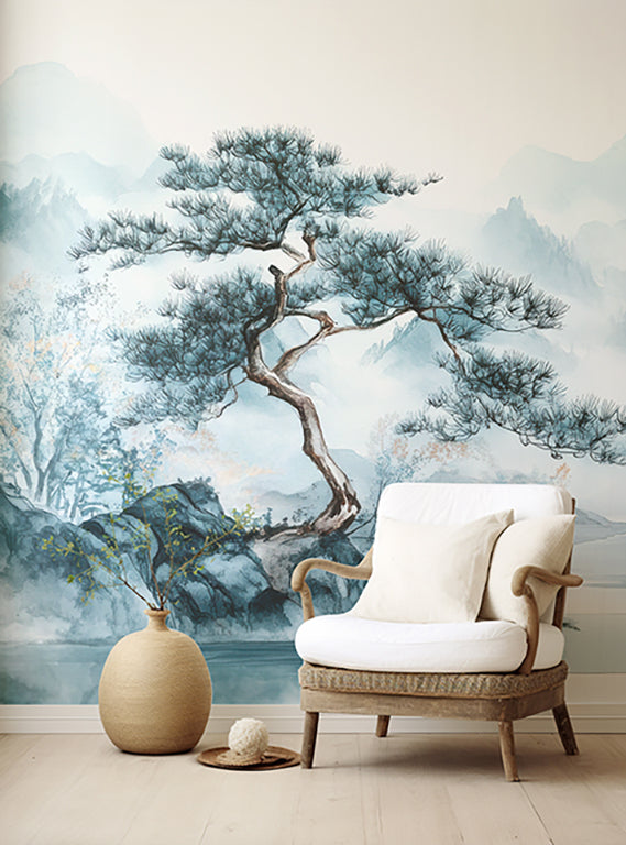 Zen Panorama: Watercolor Trees and Mountains Wallpaper