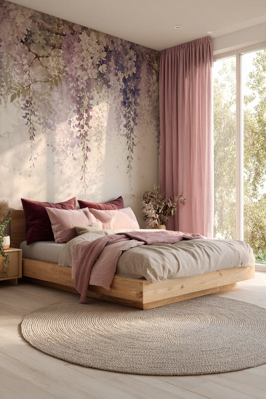 Papier peint panoramique floral représentant une cascade de glycine mauve et lilas sur fond clair
