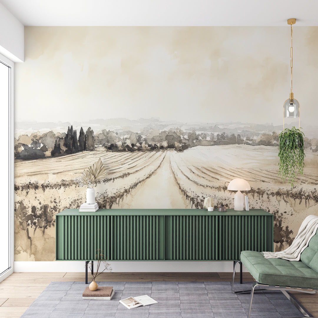 Vineyard Landscape - Panoramic Watercolor in Beige Shades