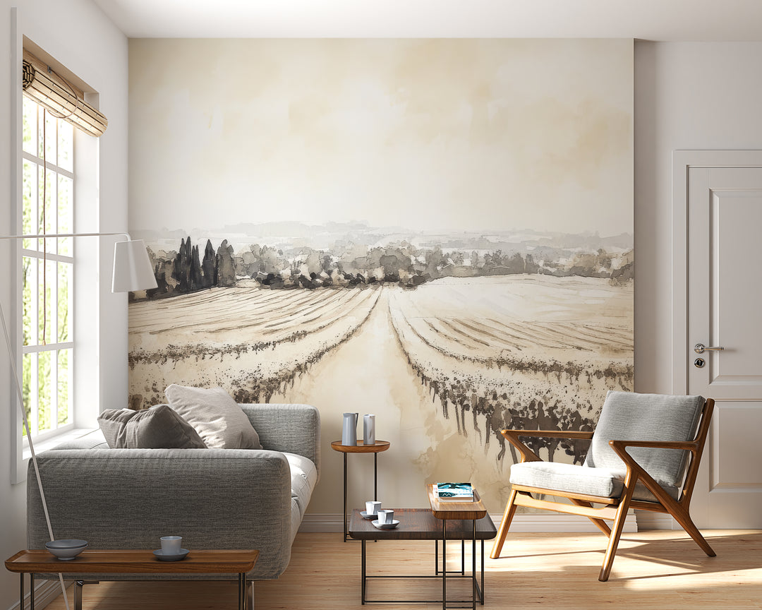 Paysage de Vignoble - Aquarelle Panoramique en Teintes Beiges