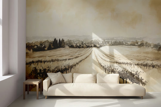 Vineyard Landscape - Panoramic Watercolor in Beige Shades