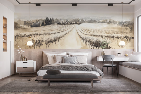 Vineyard Landscape - Panoramic Watercolor in Beige Shades