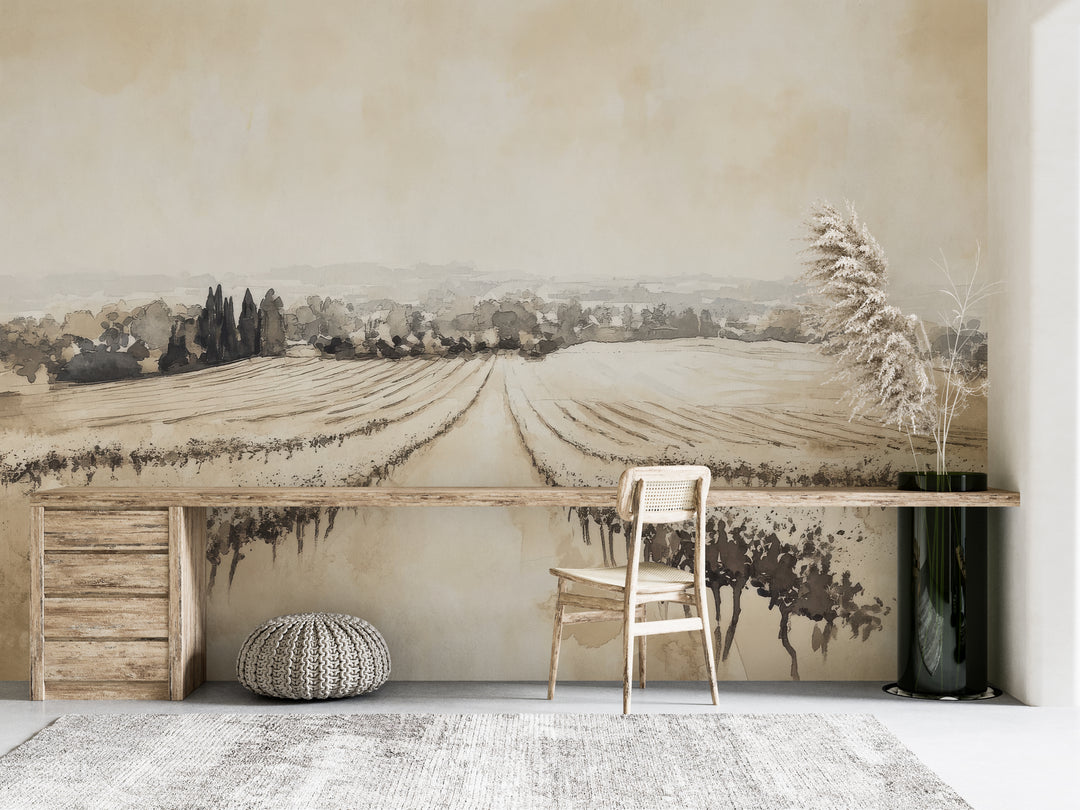 Vineyard Landscape - Panoramic Watercolor in Beige Shades