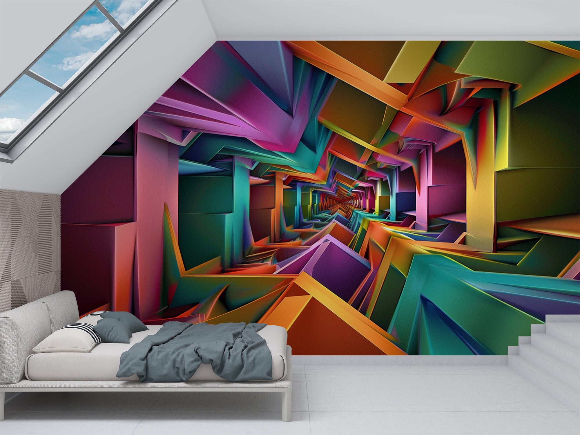 papier peint 3D perspective multicolore kaleidoscopique dans une chambre