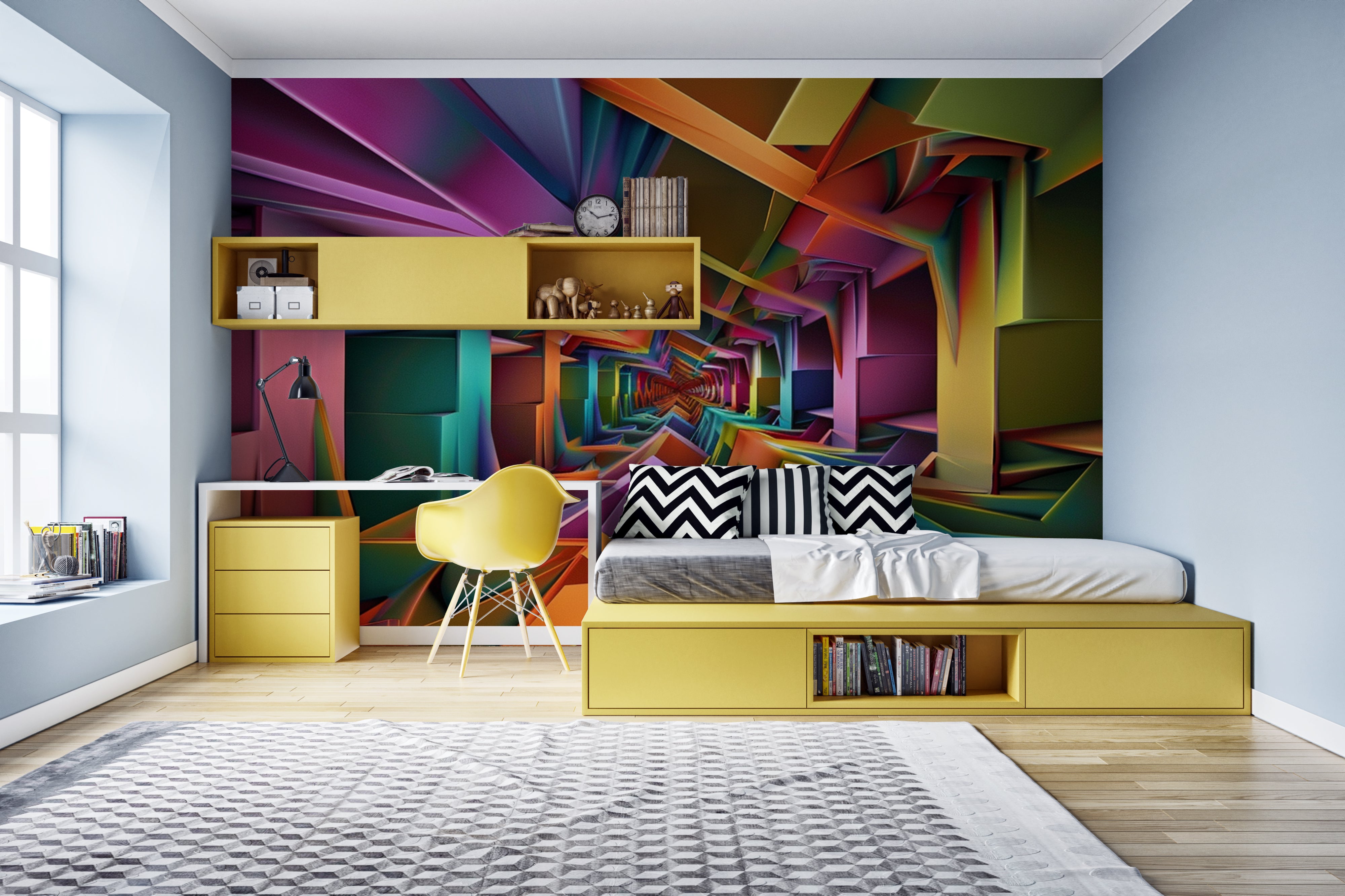 papier peint 3D perspective multicolore kaleidoscopique dans une chambre