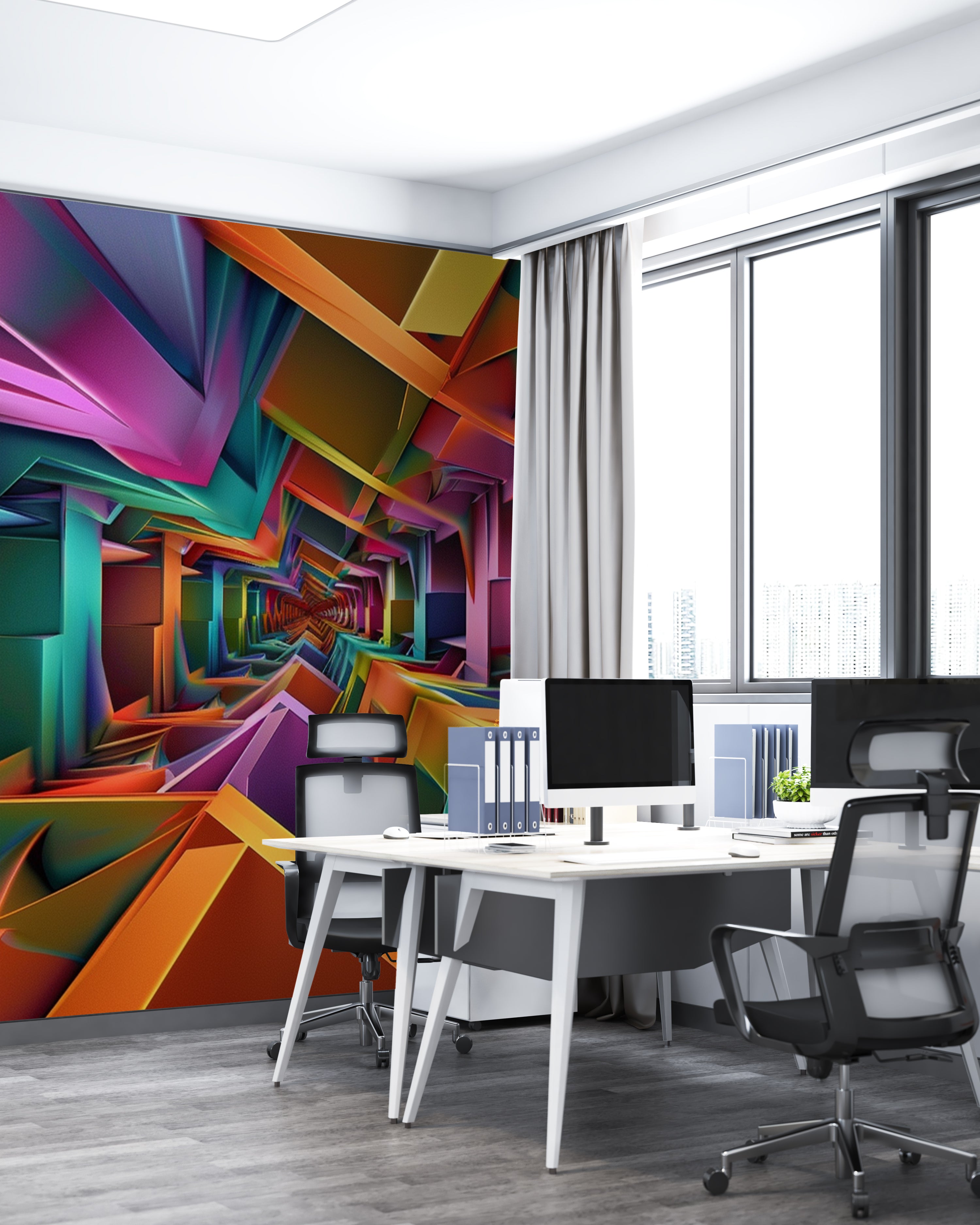 papier peint 3D perspective multicolore kaleidoscopique dans un bureau
