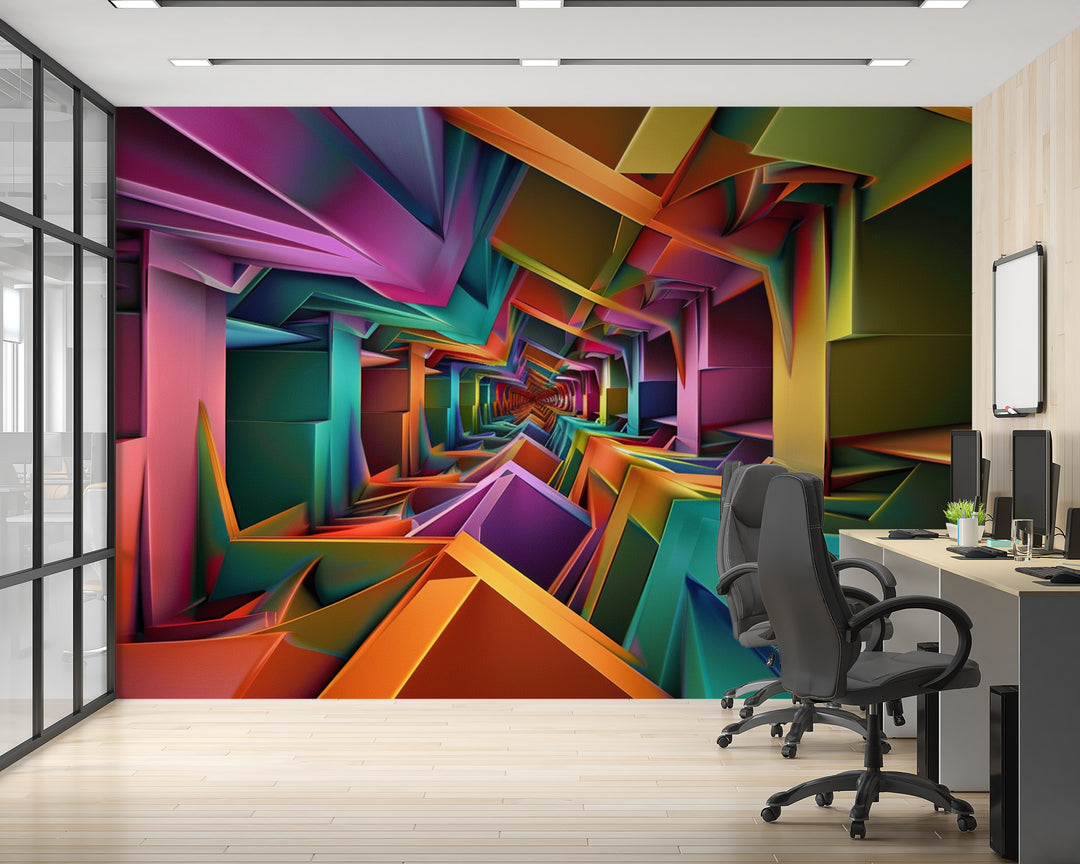 papier peint 3D perspective multicolore kaleidoscopique dans un bureau